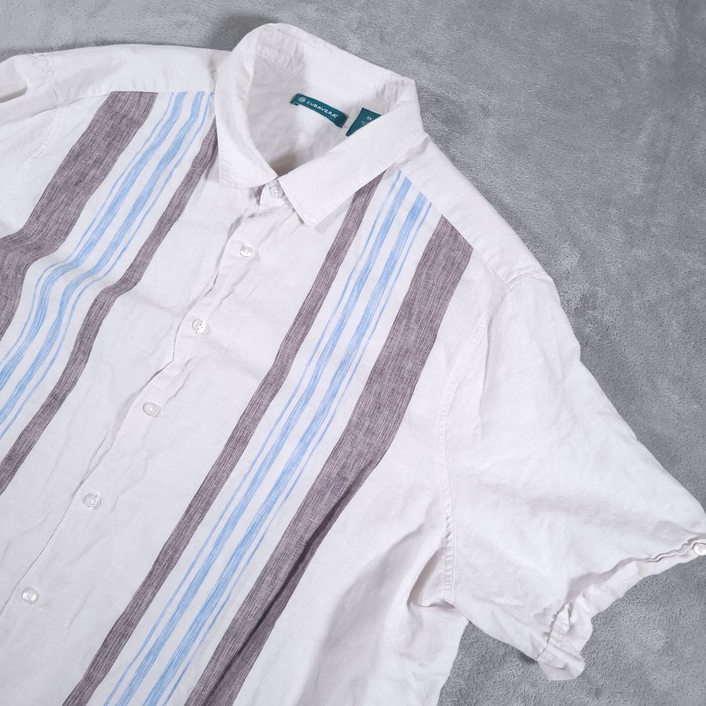 Cubavera Panel Shirt Mens 3XL Beige Blue Striped Linen Blend‎ Short Sleeve